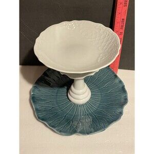 Vtg Metlox Lotus 2 Tier Serving Plate Green White Hand Crafted Read!